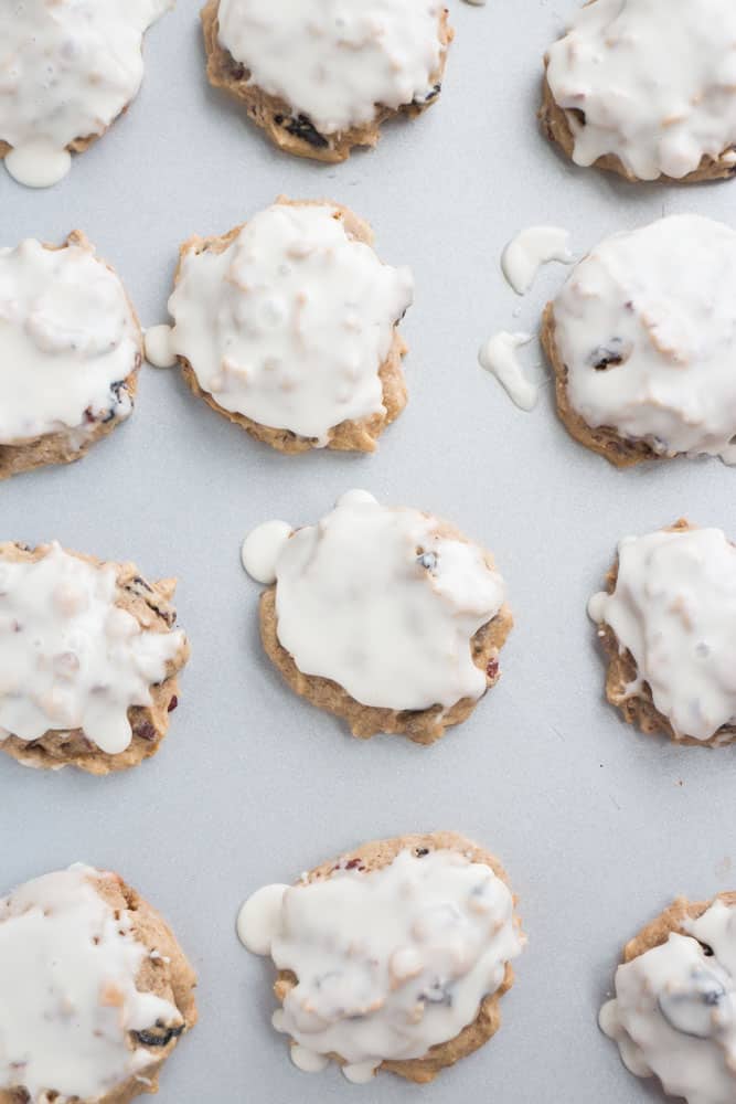 Chewy Coconut Raisin Chocolate Chip Cookies with Sugar Glaze